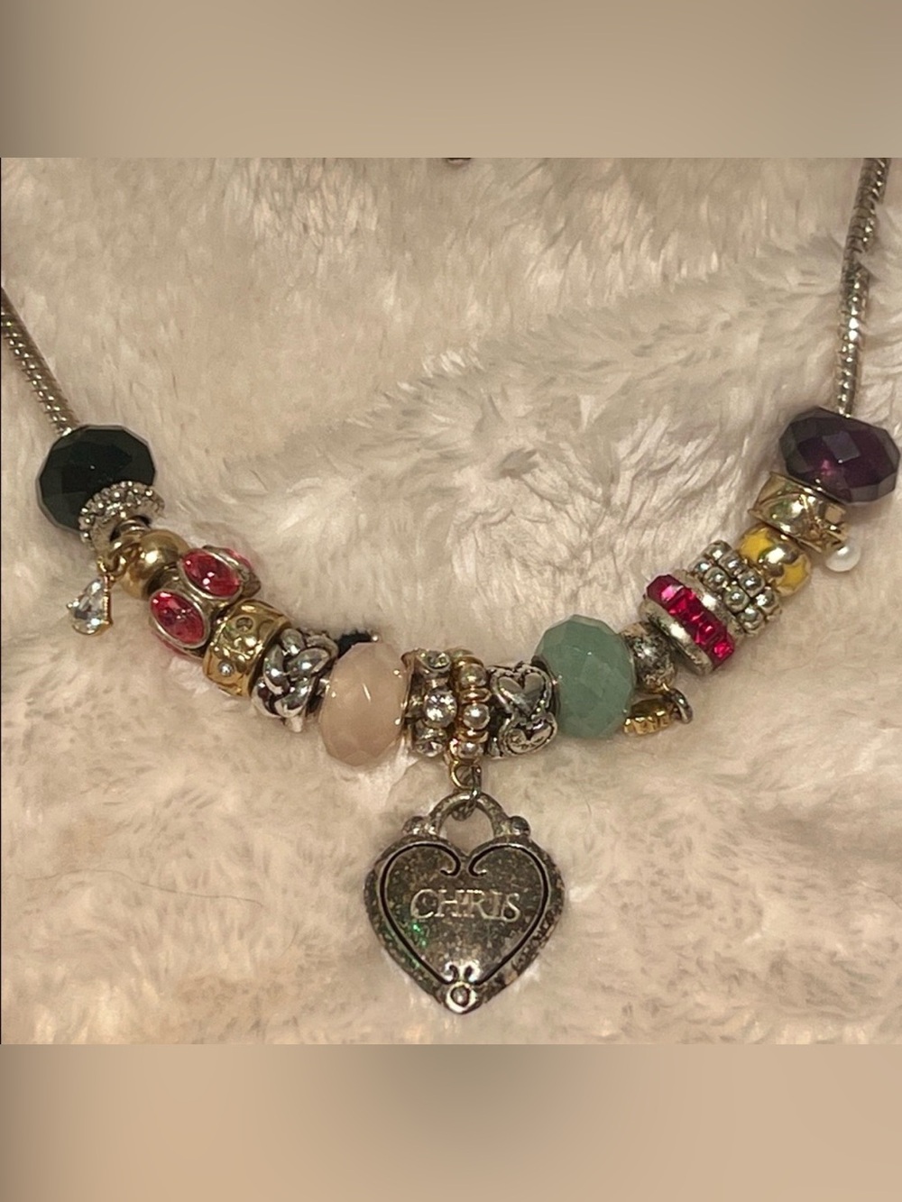 ♥️ VINTAGE SILVER SNAKE CHAIN ENGRAVED “CHRIS” HEART BEAD  CHARM NECKLACE 18-21”